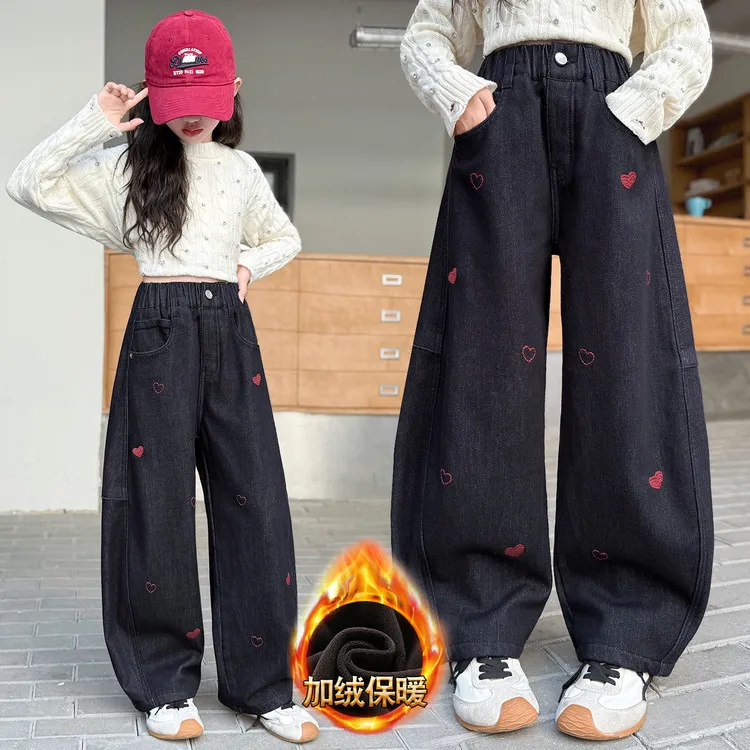 女大童加绒刺绣牛仔裤秋冬装女孩加厚阔腿裤一体绒百搭儿童弯刀裤