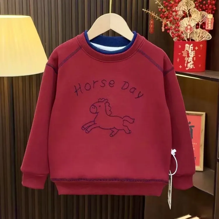 儿童加绒卫衣冬季新款男童拱桥钻马拜年服中大童时尚圆领上衣