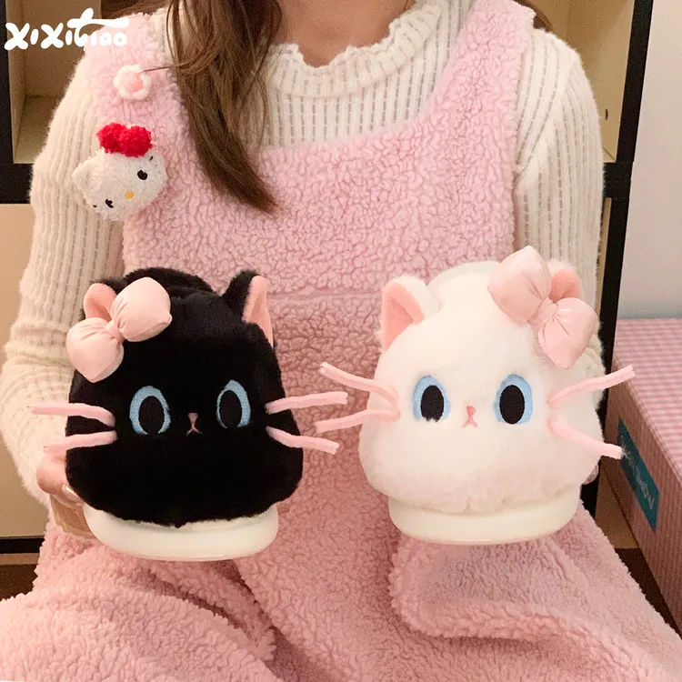 细细条 可爱蝴蝶结软萌鸳鸯小猫包跟防滑棉拖鞋保暖ins女冬毛毛鞋