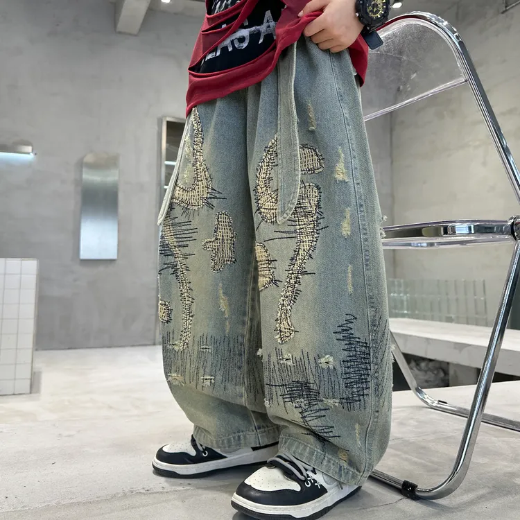 男童牛仔裤潮酷帅气中大童春秋装新款男孩宽松长裤儿童裤子弯刀裤