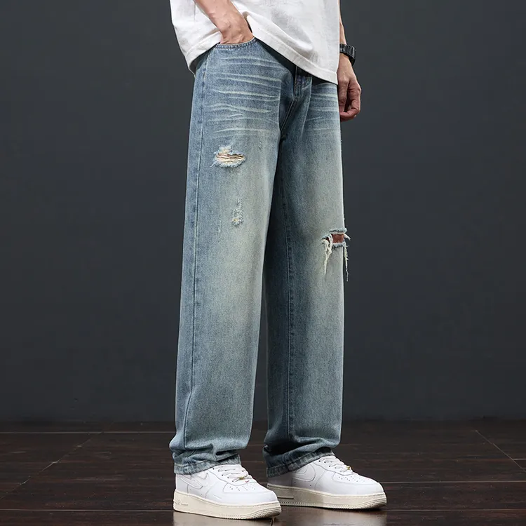 浅蓝色美式复古水洗牛仔裤男士夏款宽松直筒休闲百搭工装长裤子