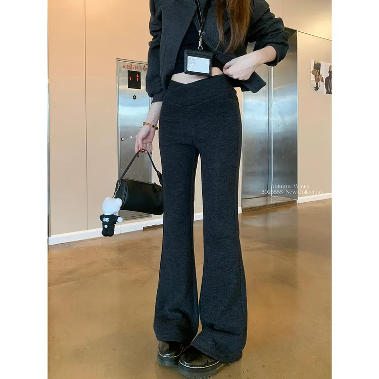 加绒加厚复古咖色休闲裤女秋冬高腰直筒裤子微喇叭裤修身阔腿长裤