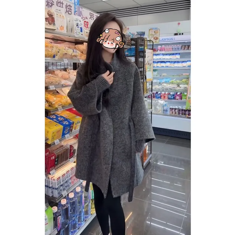 2025秋冬气质拼接立领宽袖毛呢外套显瘦韩版洋气时尚中长款大衣