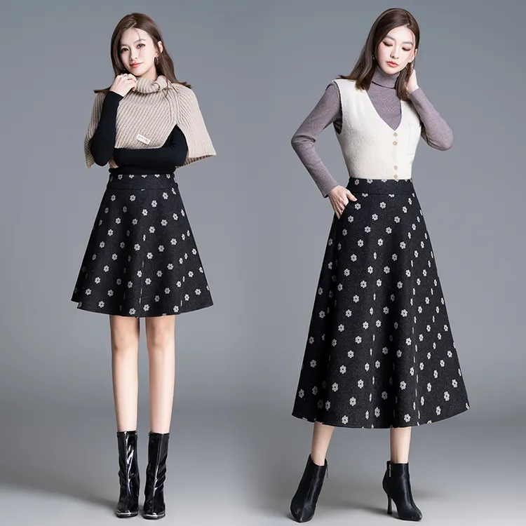 秋冬时尚半身裙91138短裙A字裙子毛呢加厚保暖伞裙微胖女百搭长裙