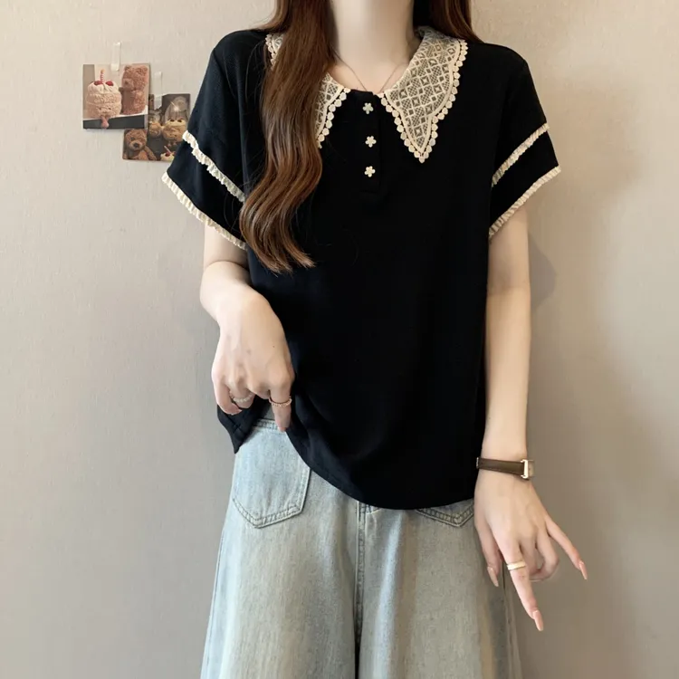 大码女装遮肚子娃娃领蕾丝短袖t恤女夏季胖妹妹宽松显瘦正肩上衣