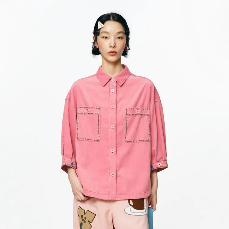 MOVEUP幻走2025秋季新款.FUN 双贴袋绣花复古短款衬衫女3EWQ20413