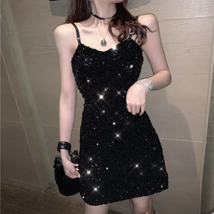 亮片性感气质短裙女吊带收腰显瘦夜店蹦迪金丝绒聚酯纤维连衣