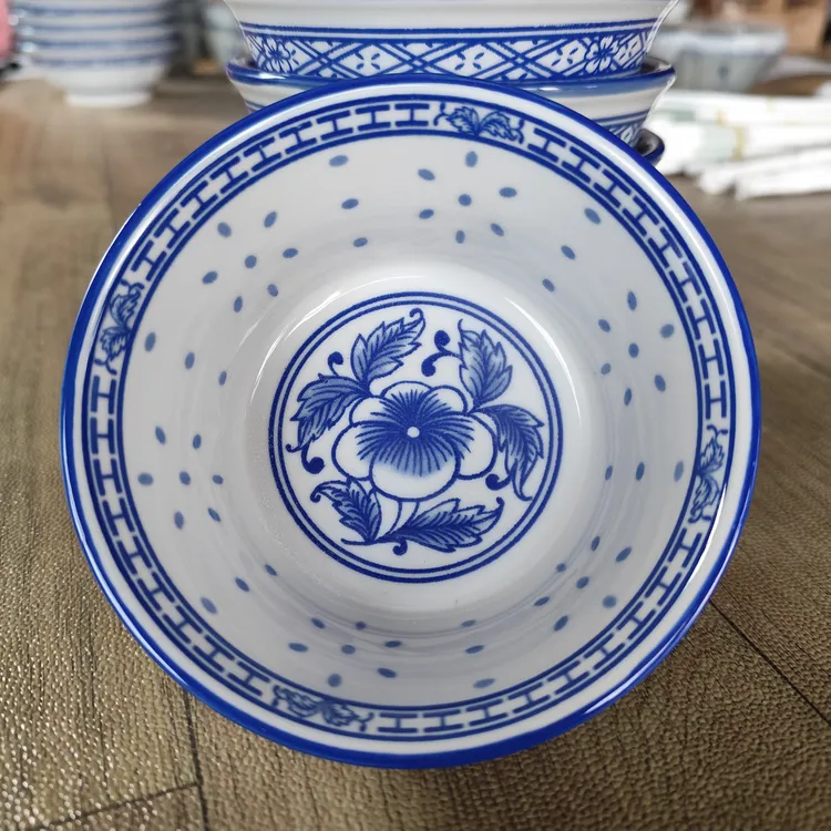新款青花玲珑碗家用耐高温复古青花瓷釉下彩陶瓷斗笠米饭碗餐具