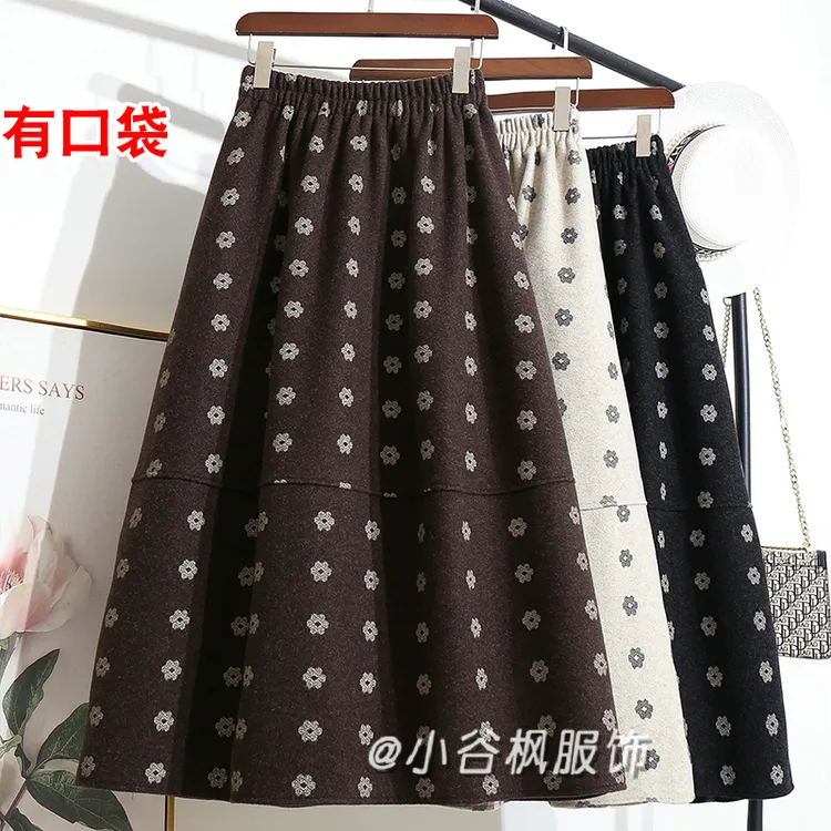 秋冬爆款印花加厚毛呢花苞裙半身裙女2025新款碎花长裙子半裙冬裙