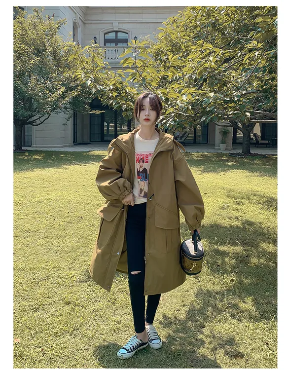 连帽工装风衣外套女中长款早秋季2025新款小个子气质休闲百搭大衣