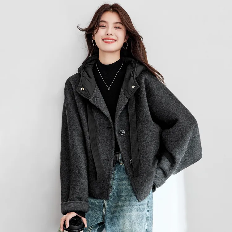 双面羊毛大衣女2025秋冬新款小个子蝙蝠袖连帽短外套复古呢子大衣