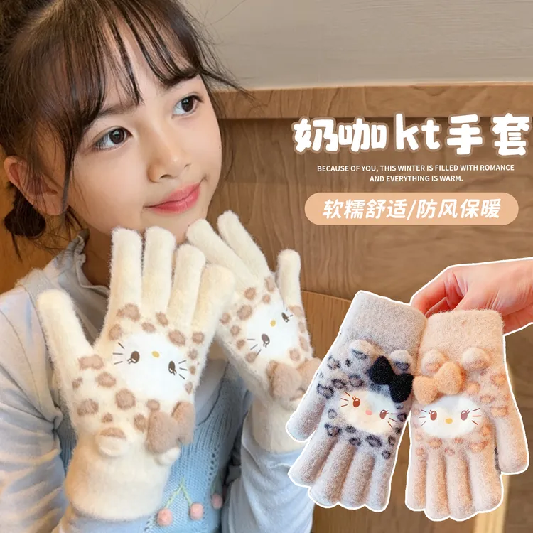 儿童五指手套女童冬天保暖防寒防冻kitty猫加厚分指手套小孩学生