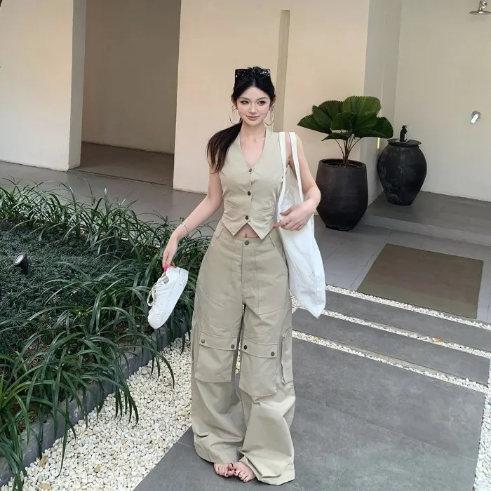 高级感美式复古v领背心上衣女夏季时尚套装休闲低腰工装裤两件套