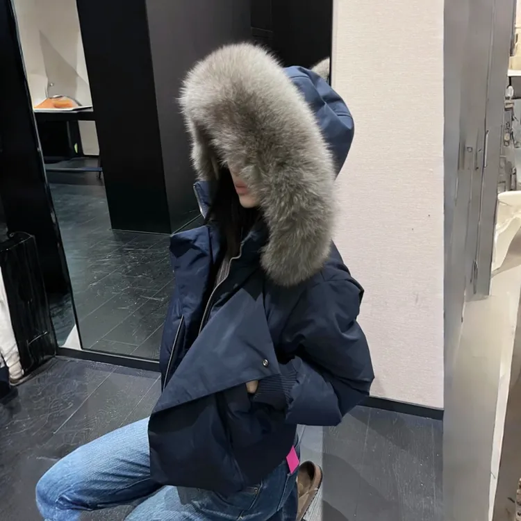 2025韩系设计感斜门襟加厚冬季毛领派克服羽绒棉服女短款棉袄外套