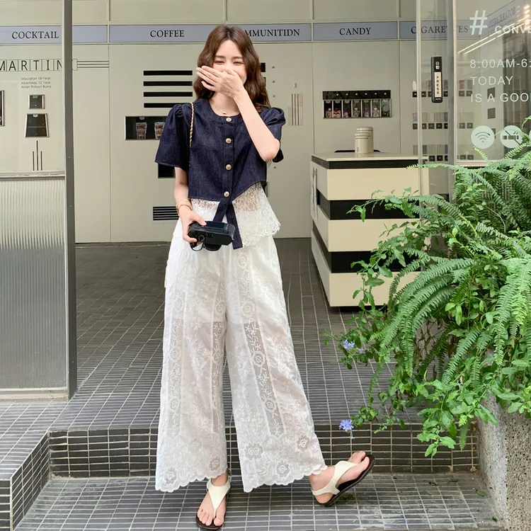夏季穿搭大方得体气质套装裤女2025新款镂空蕾丝上衣阔腿裤两件套