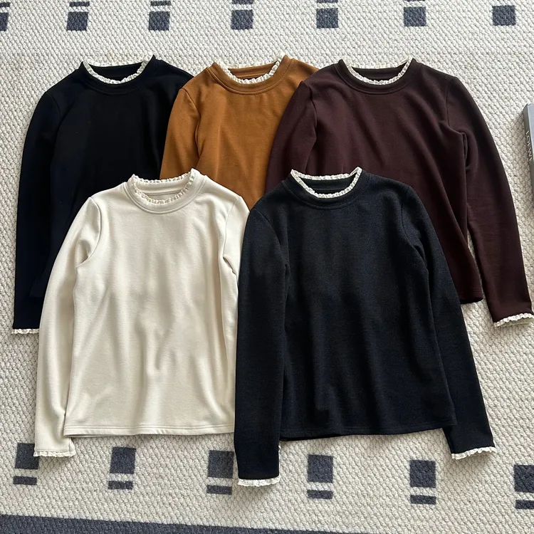 【米可家】加厚300g果冻暖绒花边拼接双面绒小立领打底衫25252