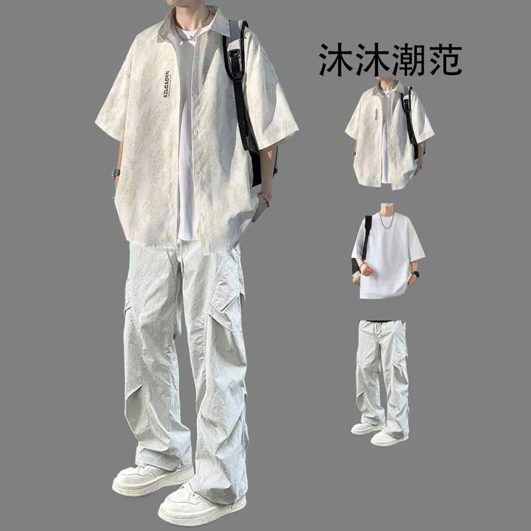 扎染短袖衬衫男士套装夏季2025新款痞帅休闲青少年男装痞帅一整套