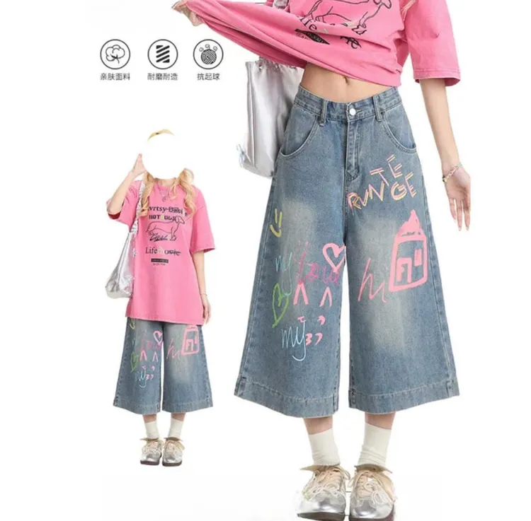 多巴胺穿搭印花牛仔七分裤女夏季阔腿中裤宽松直筒街头休闲短裤子
