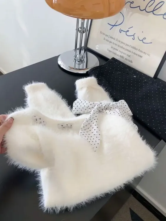 甜美蝴蝶结系带仿水貂毛白色毛衣女秋冬慵懒风宽松显瘦针织衫上衣