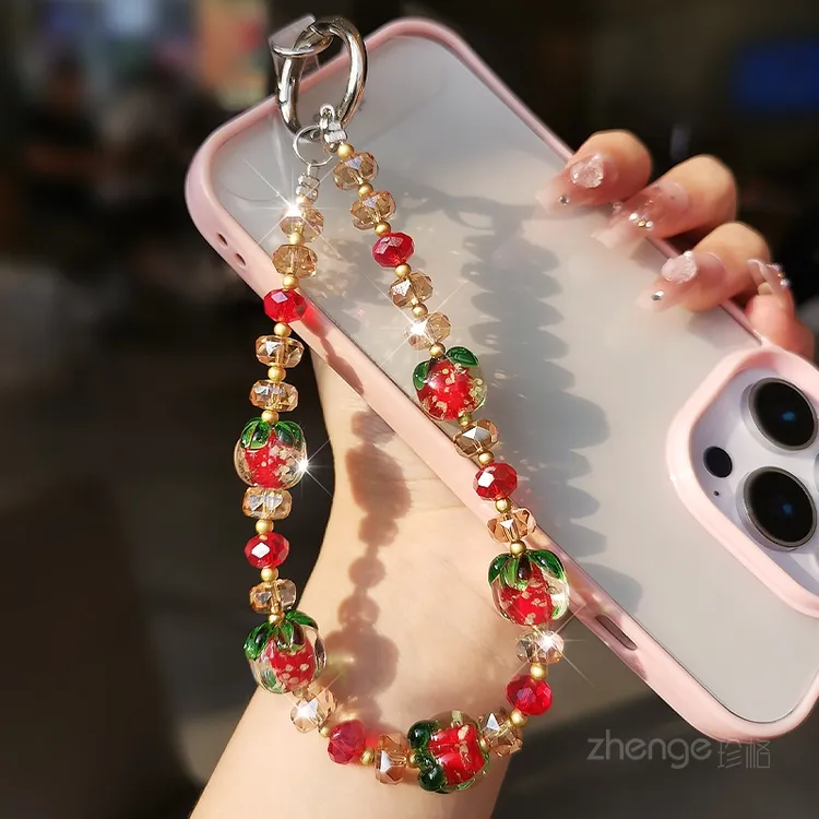 柿子水晶手机链精致高级感手作串珠挂件饰品手腕短款防丢手提链