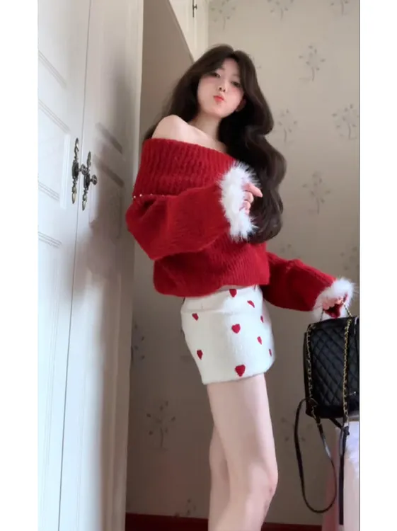 韩系温柔风红色一字肩套头毛衣女装冬季新款显瘦半身裙短裙两件套