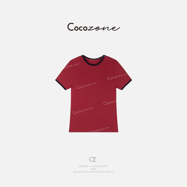 COCO ZONE 刘一一 设计感小众显瘦撞色圆领短袖T恤CD1A0004