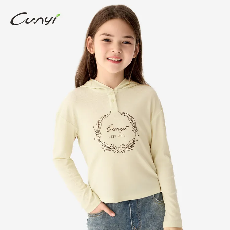 纯一良品童装女童长袖T恤2025秋季新款中大童半开襟印花套头衫