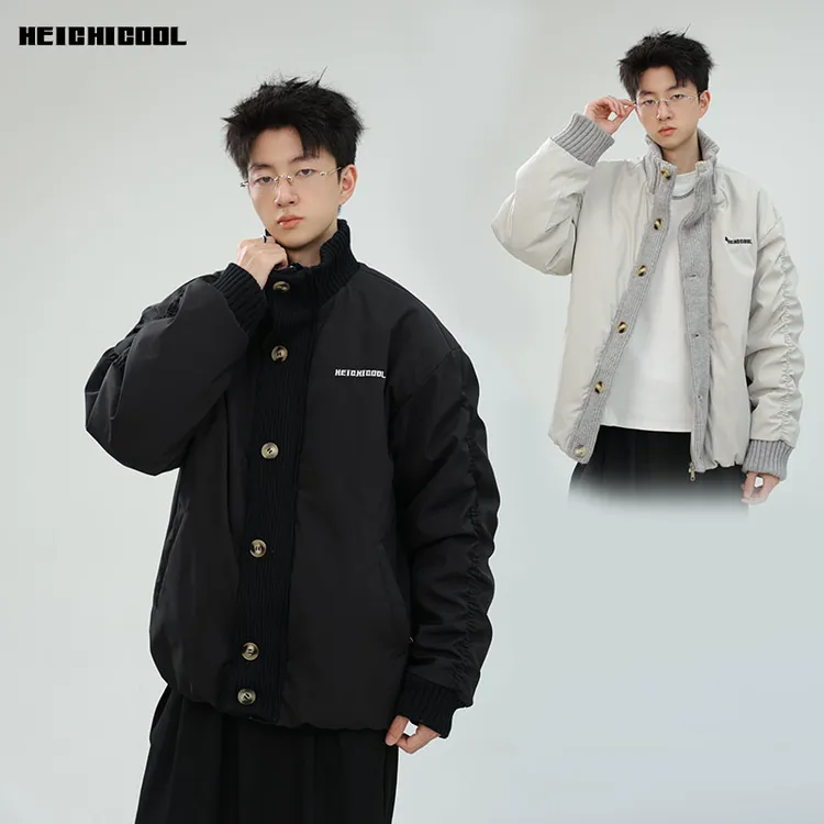 HEICHICOOL冬季宽松显瘦百搭针织拼接立领棉服男女同款情侣棉衣