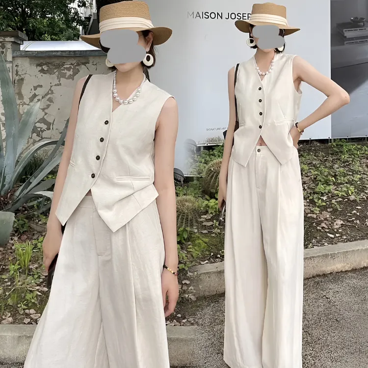 夏季穿搭一整套大码胖mm马甲上衣阔腿裤法式气质老钱风两件套装女