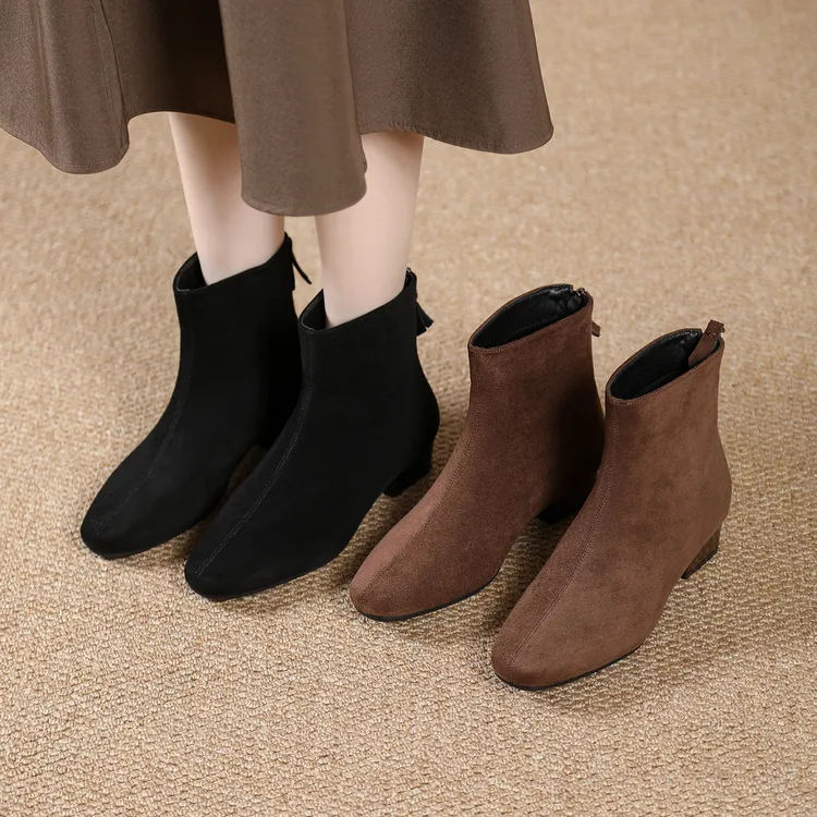 中跟绒面方头防滑短靴绒面瘦瘦靴磨砂轻职风低跟3523