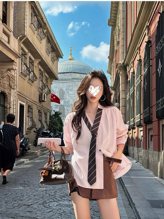 柔感粉莫代尔落肩袖衬衫女初秋新款小众衬衣