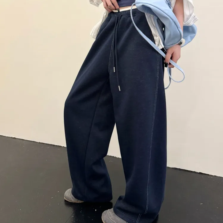 韩版高腰撞色百搭休闲牛仔蓝阔腿裤1825