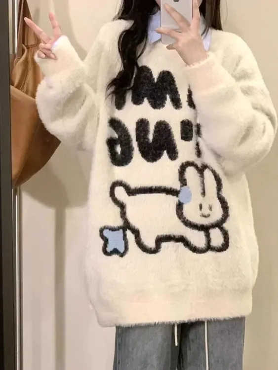 兔子毛衣女秋冬2025新款水貂绒加厚宽松慵懒风外穿学生高级感上衣