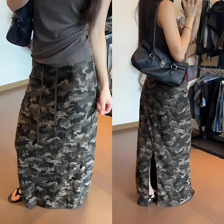 复古设计感迷彩抽绳A字半身裙女2025夏季新款高腰显瘦开叉直筒裙