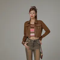 C004K【金拐子专属】CHUU仿pu辣妹不对称撞色美拉德复古做旧外套-F