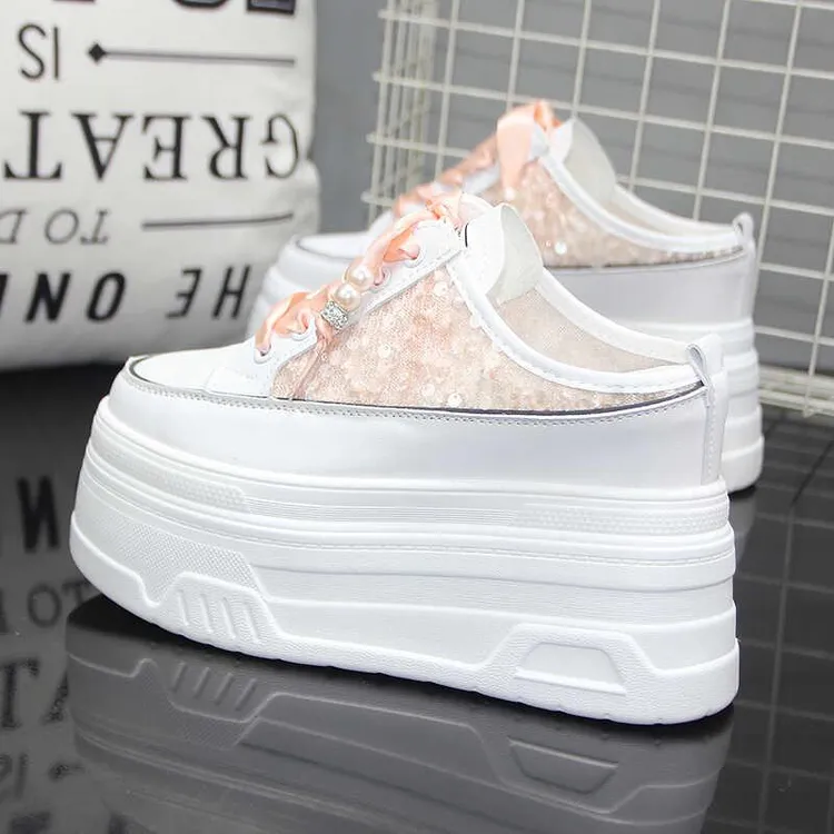 包头半拖鞋女2025网红小白鞋外穿网面厚底内增高12CM无后跟半拖鞋