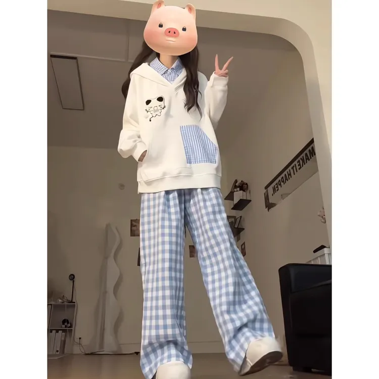 可爱猫咪刺绣假两件连帽运动衫女春秋薄款情侣宽春秋女款慵懒卫衣