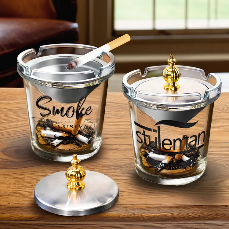 防风烟灰缸家用不锈钢漏斗带盖办公室烟盅创意大号玻璃烟缸防飞灰
