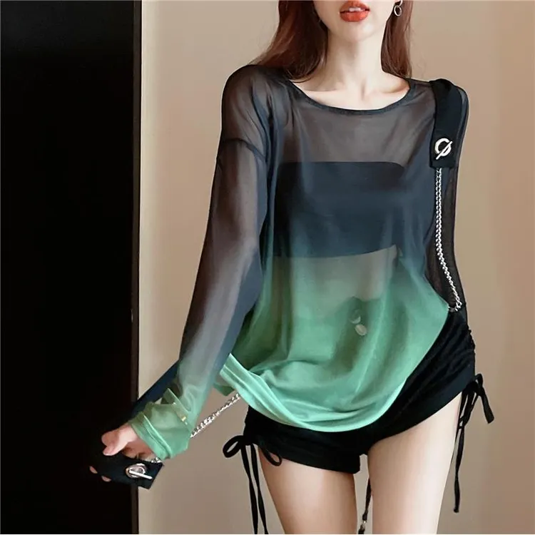 晕染渐变色长袖t恤女夏季薄款中长款设计感网纱甜美可爱风格衣服