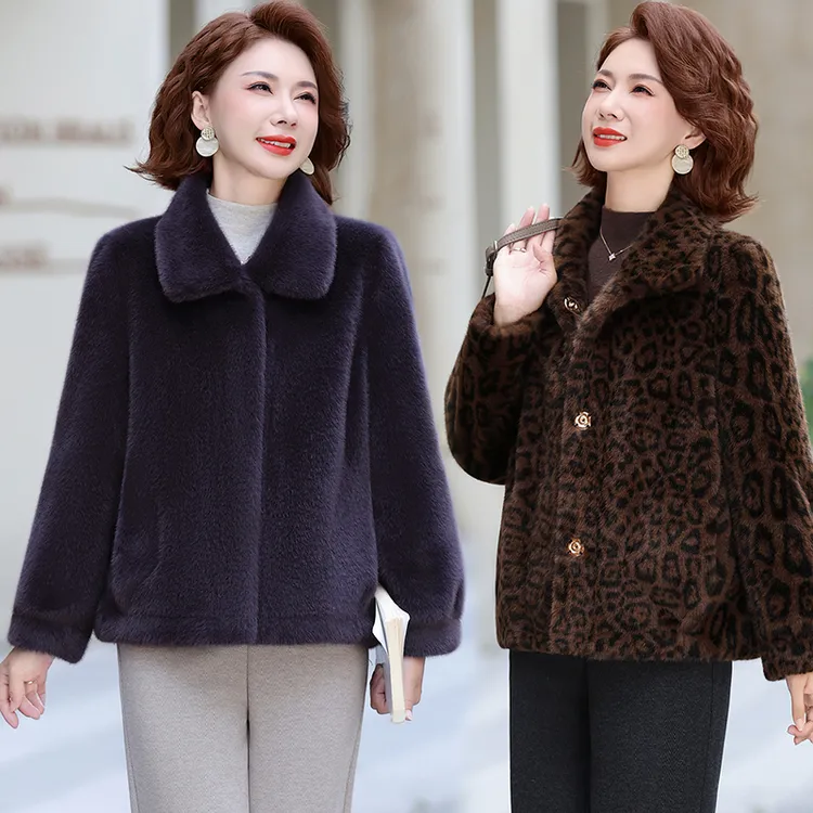 70后150矮个子外套女秋冬仿水貂绒毛呢外套中老年女洋气短款上衣