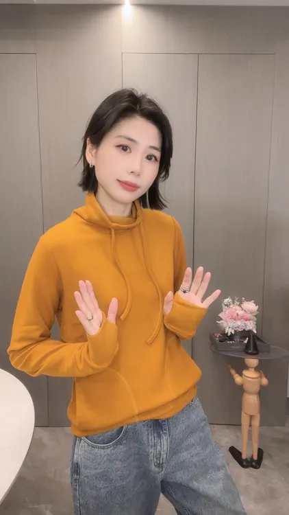 2025秋冬设计感抽绳高领弹力宽松显瘦双面德绒保暖卫衣打底衫女