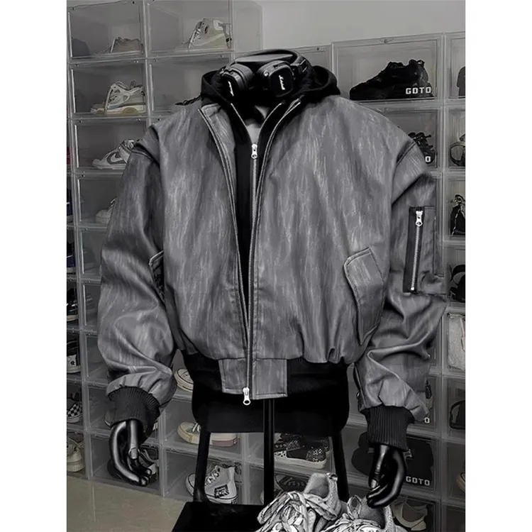 美式高街假两件短款夹克男秋冬季加厚连帽棉服潮牌痞帅棒球服外套