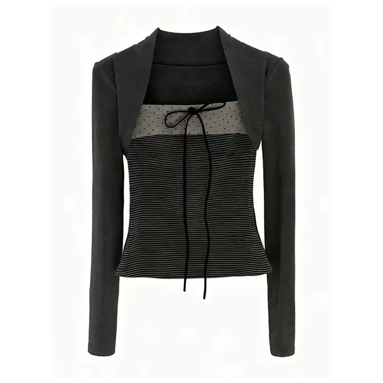 S-4XL胖MM韩系撞色蝴蝶结波点系带假两件上衣修身显瘦设计感T恤女