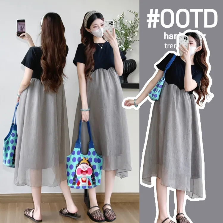 2025夏季新款法式拼接短袖中长款显瘦遮肚孕妇连衣裙时尚百搭外穿