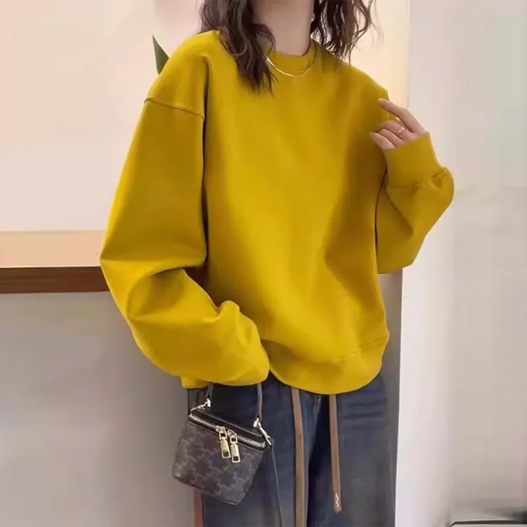 姜黄色圆领今年流行卫衣女春秋新款时尚洋气韩版慵懒女士宽松上衣