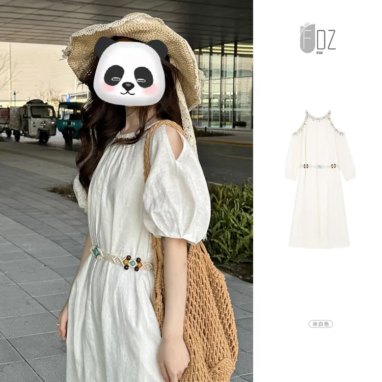 春夏新款中长款温柔收腰圆领财阀千金女装长裙裙子流行