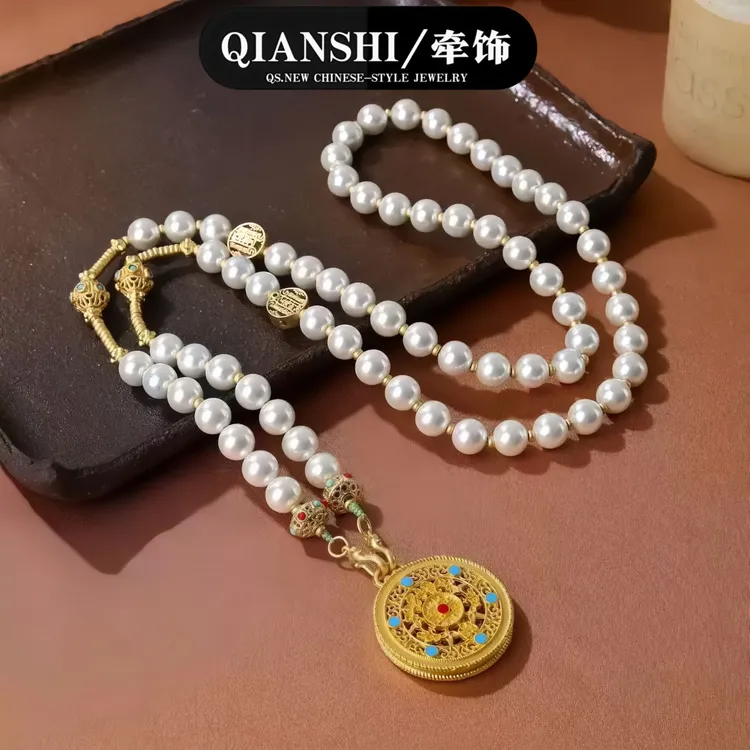 铜合金项链 五福吊坠-珍珠链气质时尚百搭女款q