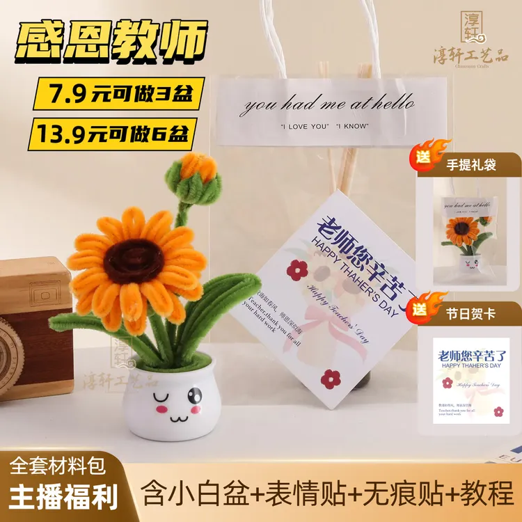 【主播福利送手提袋+贺卡】向日葵小盆栽教师节礼物~扭扭棒材料包