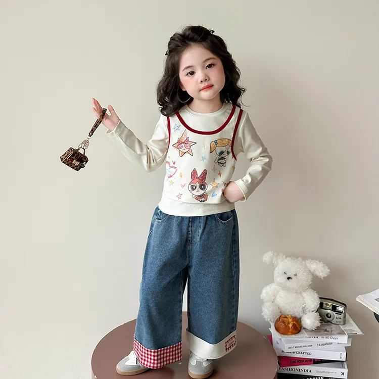 女童秋季2025新款潮流洋气中小童韩版卡通修身上衣牛仔裤休闲套装