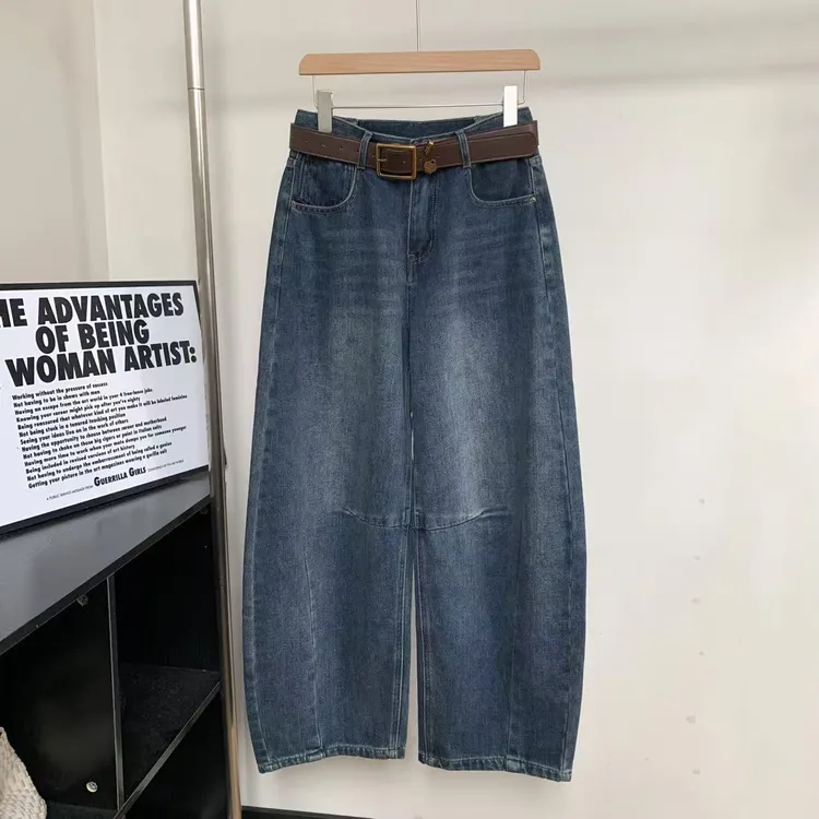 素心轻奢 2025复古蓝阔腿牛仔裤高腰显瘦抓绒直筒宽松牛仔裤13959